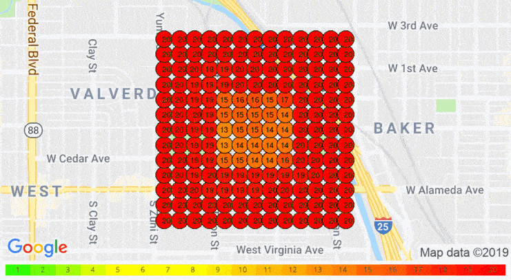 Air quality map of the Valverde and Baker neighborhoods in Denver, showing pollution levels mostly in the 19-25 range, with a hotspot of 13-16 near the center